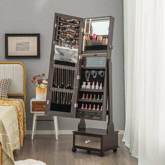 47 Inch Lockable Jewelry Cabinet Armoire with 3-Color LED Lights-Brown W2B
