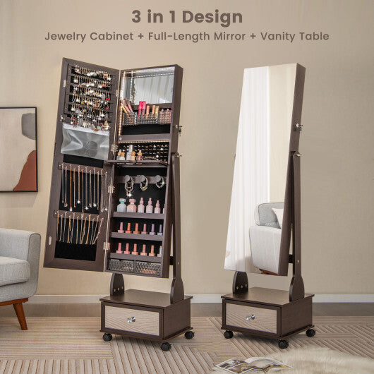 47 Inch Lockable Jewelry Cabinet Armoire with 3-Color LED Lights-Brown W2B