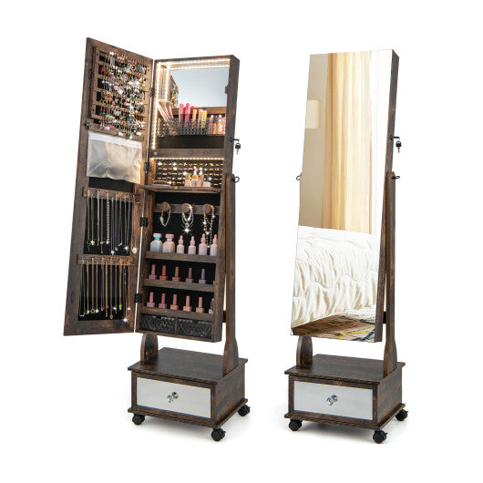47 Inch Lockable Jewelry Cabinet Armoire with 3-Color LED Lights-Brown W2B