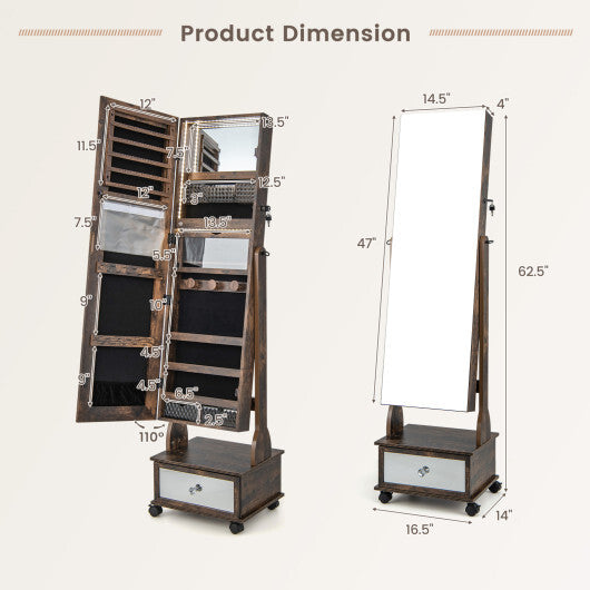 47 Inch Lockable Jewelry Cabinet Armoire with 3-Color LED Lights-Brown W2B