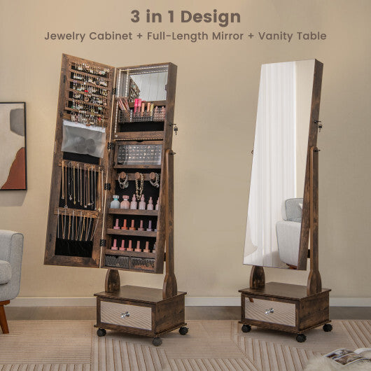 47 Inch Lockable Jewelry Cabinet Armoire with 3-Color LED Lights-Brown W2B