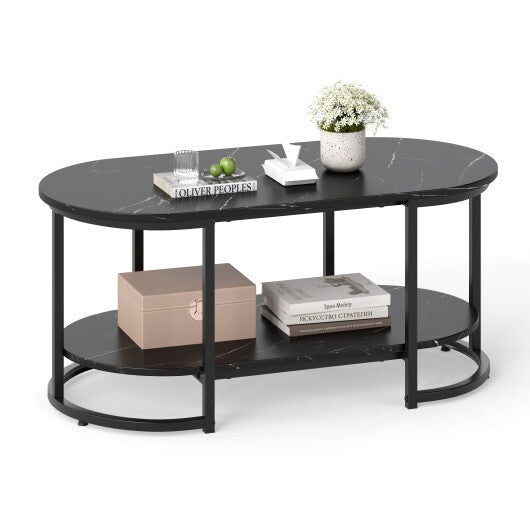 Marble Coffee Table with Open Storage Shelf-Black - Color: Black W2B