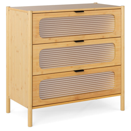 3 Drawer Mid Century Modern Chest of Drawers with Reeded Tempered Glass Front-Natural W2B