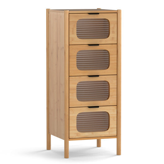 4-Drawer Dresser Bamboo Storage Cabinet with Fluted Tempered Glass Drawers-Natural W2B
