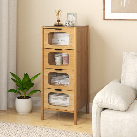 4-Drawer Dresser Bamboo Storage Cabinet with Fluted Tempered Glass Drawers-Natural W2B