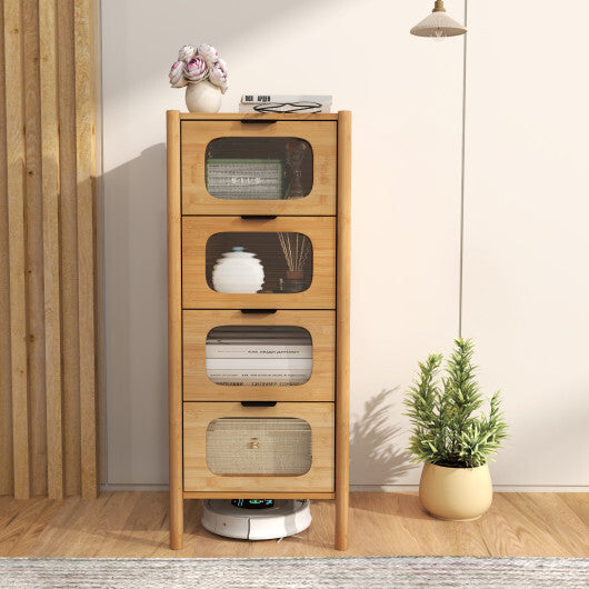 4-Drawer Dresser Bamboo Storage Cabinet with Fluted Tempered Glass Drawers-Natural W2B