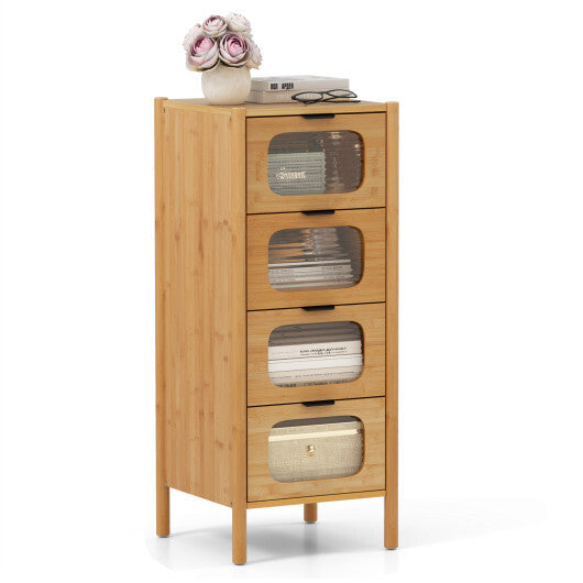 4-Drawer Dresser Bamboo Storage Cabinet with Fluted Tempered Glass Drawers-Natural W2B