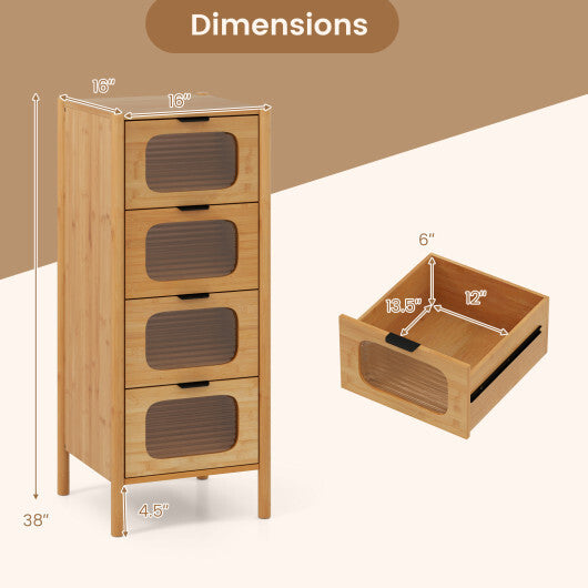 4-Drawer Dresser Bamboo Storage Cabinet with Fluted Tempered Glass Drawers-Natural W2B