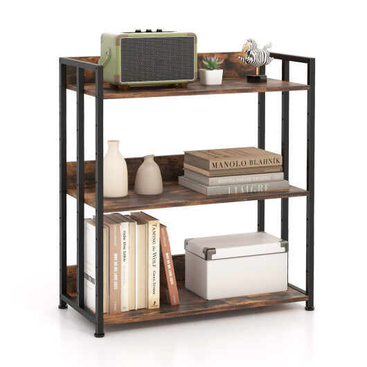 3-Tier Corner Bookcase with Adjustable Shelves and Metal Frame-Rustic Brown
