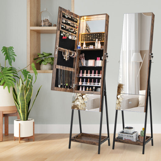Lockable Freestanding Jewelry Organizer with Full-Length Frameless Mirror-White W2B