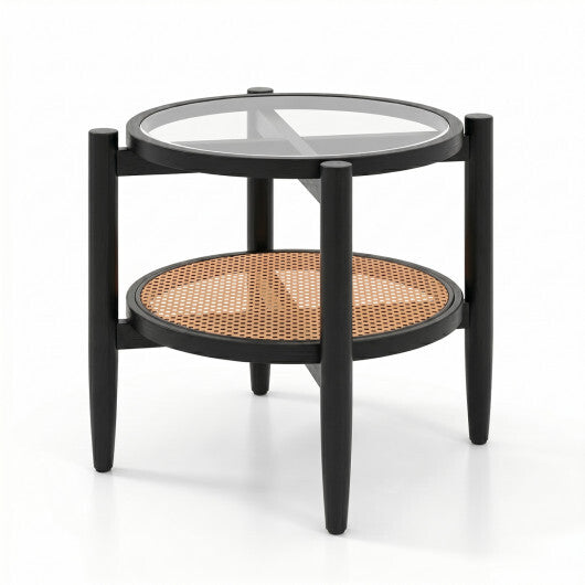 Rattan Round Side End Table with Tempered Glass Tabletop-Black W2B