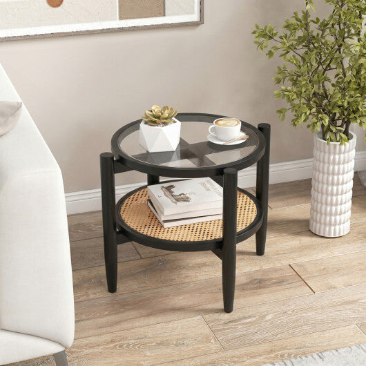 Rattan Round Side End Table with Tempered Glass Tabletop-Black W2B