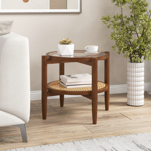 Rattan Round Side End Table with Tempered Glass Tabletop-Black W2B