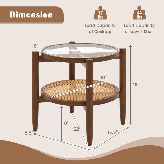Rattan Round Side End Table with Tempered Glass Tabletop-Black W2B