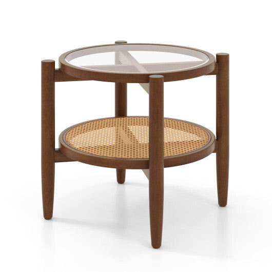 Rattan Round Side End Table with Tempered Glass Tabletop-Black W2B