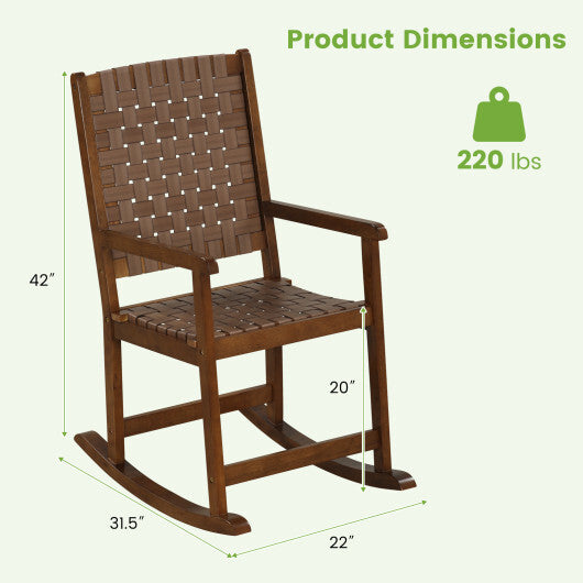 Patio Wood Rocking Chair with PU Seat and Rubber Wood Frame-Brown