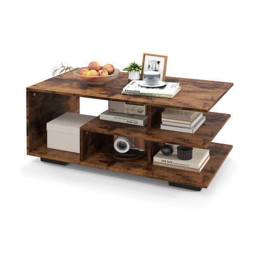 Rectangular Coffee Table with L-shaped Middle Shelf-White W2B