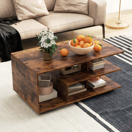 Rectangular Coffee Table with L-shaped Middle Shelf-White W2B