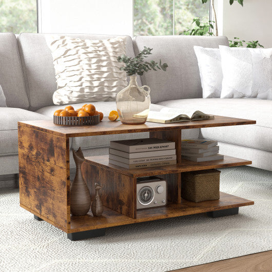 Rectangular Coffee Table with L-shaped Middle Shelf-White W2B