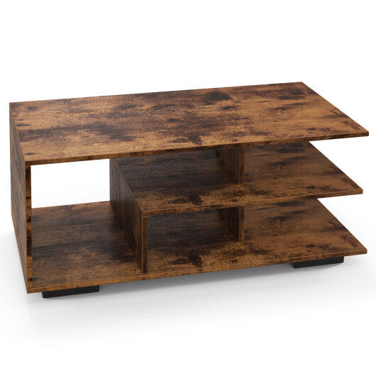 Rectangular Coffee Table with L-shaped Middle Shelf-White W2B