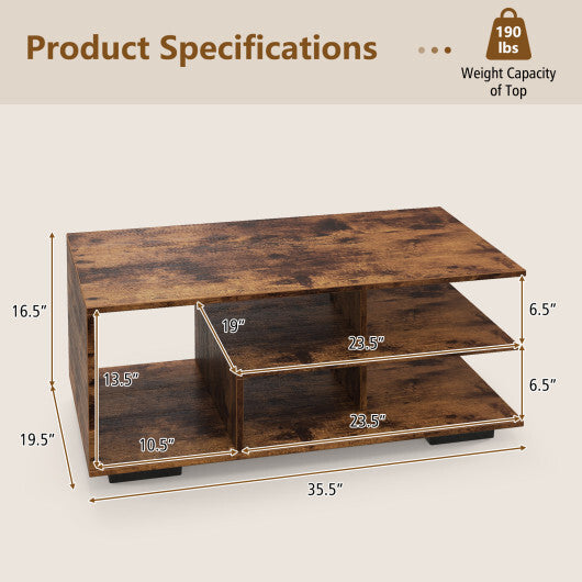 Rectangular Coffee Table with L-shaped Middle Shelf-White W2B