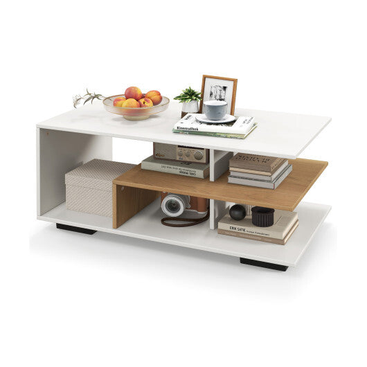 Rectangular Coffee Table with L-shaped Middle Shelf-White W2B