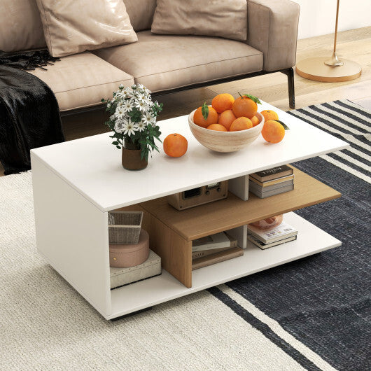 Rectangular Coffee Table with L-shaped Middle Shelf-White W2B