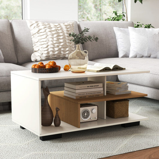 Rectangular Coffee Table with L-shaped Middle Shelf-White W2B