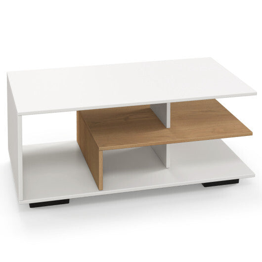 Rectangular Coffee Table with L-shaped Middle Shelf-White W2B