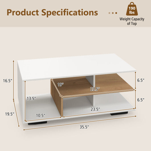 Rectangular Coffee Table with L-shaped Middle Shelf-White W2B