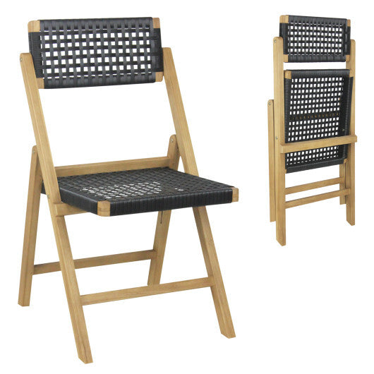 Set of 2 Folding Chairs Indonesia Teak Wood Dining Chairs with Woven Rope Seat and Back W2B