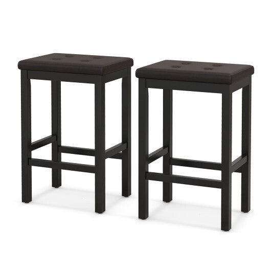 24 Inch Bar Stools with Padded Seat Footrest and Rubber Wood Frame-Brown W2B
