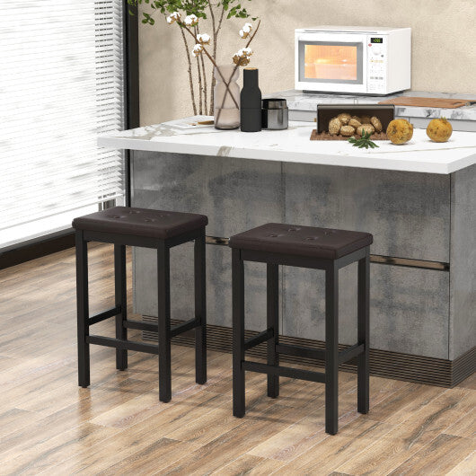 24 Inch Bar Stools with Padded Seat Footrest and Rubber Wood Frame-Brown W2B