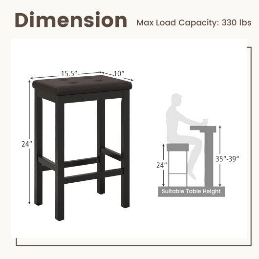 24 Inch Bar Stools with Padded Seat Footrest and Rubber Wood Frame-Brown W2B