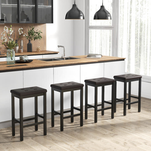 24 Inch Bar Stools with Padded Seat Footrest and Rubber Wood Frame-Brown W2B