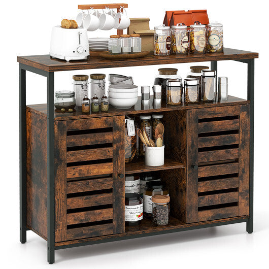Buffet Cabinet Industrial Sideboard Storage Cabinet with Push-to-Open Slatted Door and 3 Adjustable Shelves-Rustic Brown - Color: Rustic Brown W2B