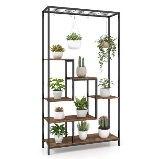 6-Tier Tall Plant Stand 71" Metal Indoor Plant Shelf with 10 Hanging Hooks-Rustic Brown