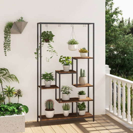 6-Tier Tall Plant Stand 71" Metal Indoor Plant Shelf with 10 Hanging Hooks-Rustic Brown