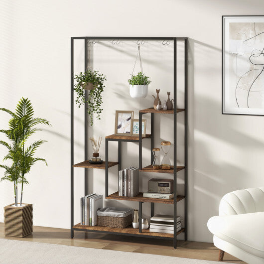 6-Tier Tall Plant Stand 71 Inch Metal Indoor Plant Shelf with 10 Hanging Hooks-Rustic Brown W2B