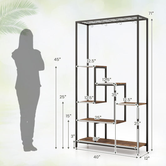 6-Tier Tall Plant Stand 71 Inch Metal Indoor Plant Shelf with 10 Hanging Hooks-Rustic Brown W2B