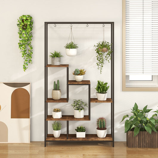 6-Tier Tall Plant Stand 71 Inch Metal Indoor Plant Shelf with 10 Hanging Hooks-Rustic Brown W2B