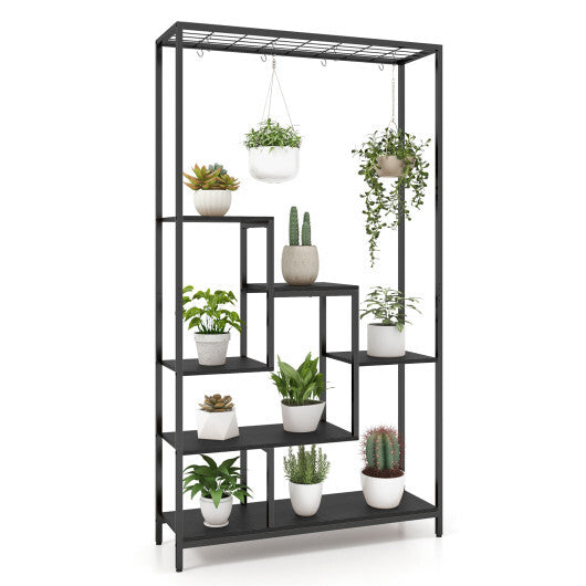6-Tier Tall Plant Stand 71 Inch Metal Indoor Plant Shelf with 10 Hanging Hooks-Rustic Brown W2B