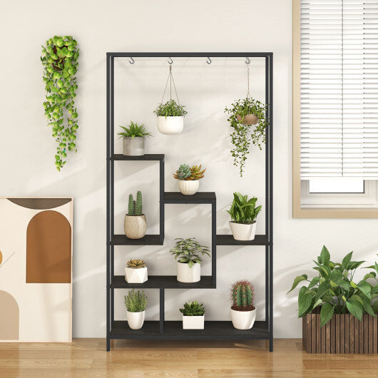 6-Tier Tall Plant Stand 71 Inch Metal Indoor Plant Shelf with 10 Hanging Hooks-Rustic Brown W2B
