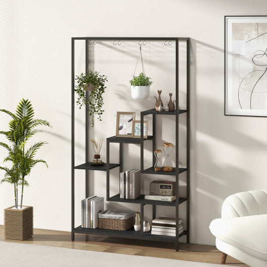 6-Tier Tall Plant Stand 71 Inch Metal Indoor Plant Shelf with 10 Hanging Hooks-Rustic Brown W2B