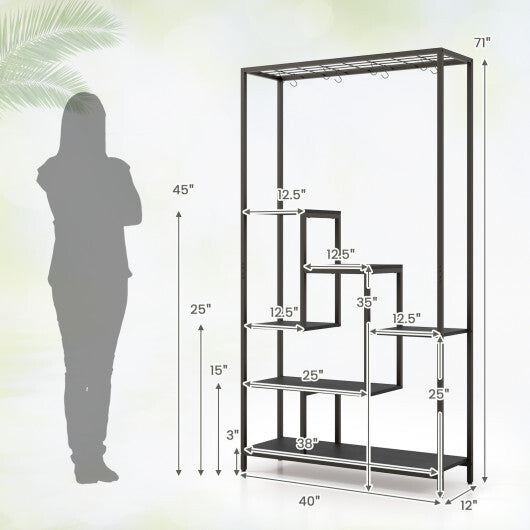 6-Tier Tall Plant Stand 71 Inch Metal Indoor Plant Shelf with 10 Hanging Hooks-Rustic Brown W2B