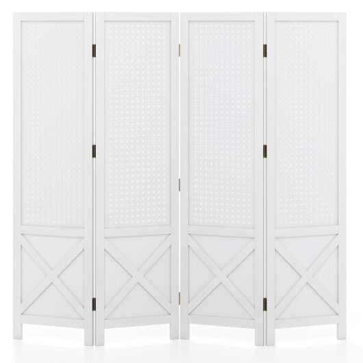 4-Panel Pegboard Display Stand Folding Room Divider with Solid Wood Frame-White W2B