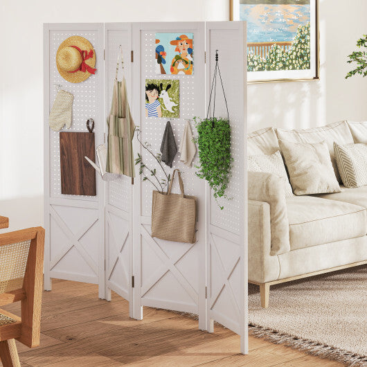 4-Panel Pegboard Display Stand Folding Room Divider with Solid Wood Frame-White W2B