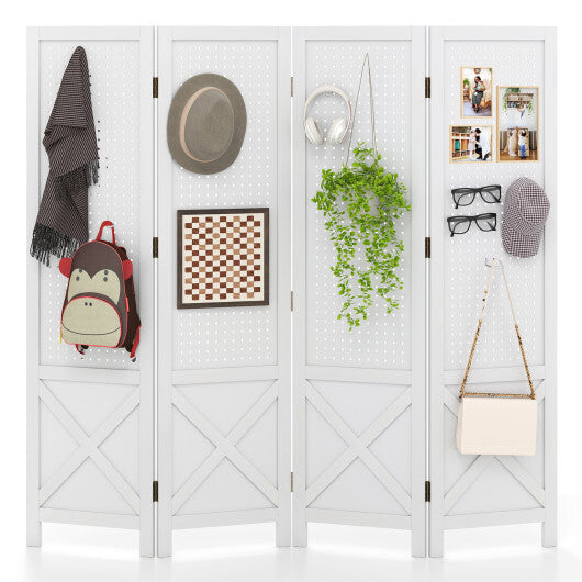 4-Panel Pegboard Display Stand Folding Room Divider with Solid Wood Frame-White W2B