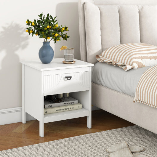 2-tier Wood Nightstand with Drawer and Open Storage Shelf for Bedroom-White W2B