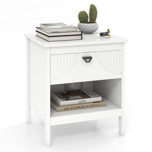 2-tier Wood Nightstand with Drawer and Open Storage Shelf for Bedroom-White W2B